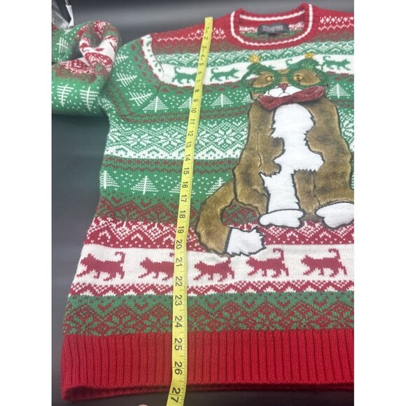 33 Degrees Cat Ugly Christmas Sweater Faux Fur Cat Wearing Glasses Sz L Party - Picture 9 of 9
